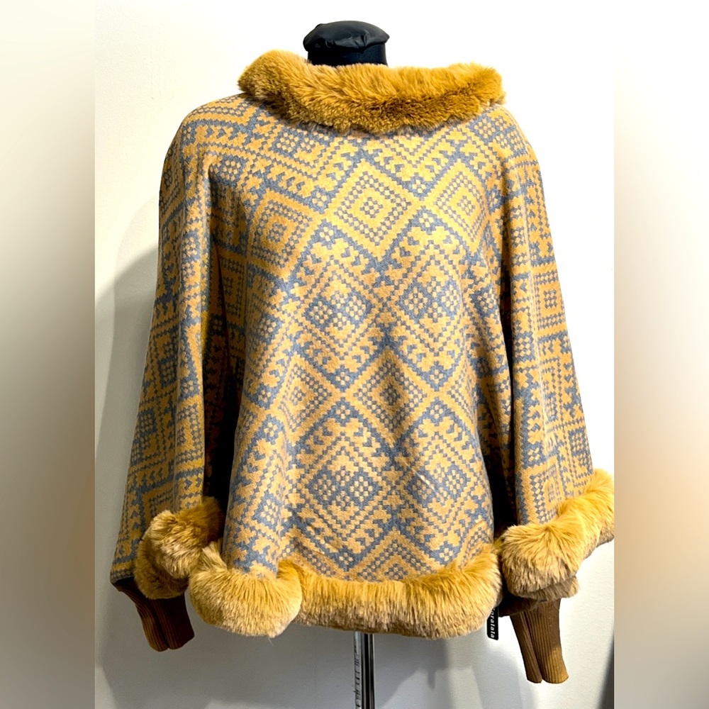 Knit Poncho with Faux Fur Trim